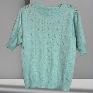 Mint Green Eyelet Laser Cutout Puff Half Sleeve Sweater Size Medium